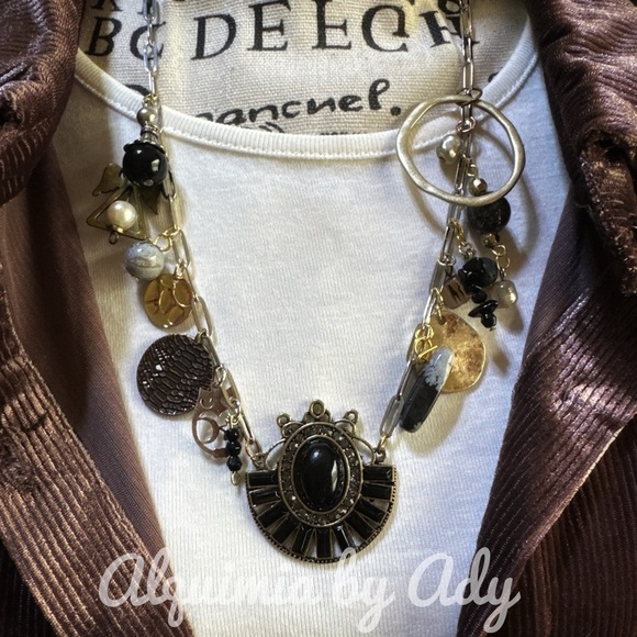 Black and Gold Gemstone Necklace with Beaded Elegance snowflake obsidian